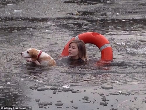 Una donna si tuffa in un lago gelato per salvare un cane