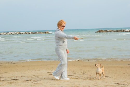 donna in spiaggia gioca con cane