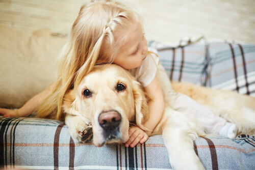 bambina con cane sul divano