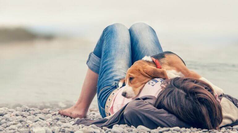 una ragazza sdraiata sulla spiaggia con il cane sopra