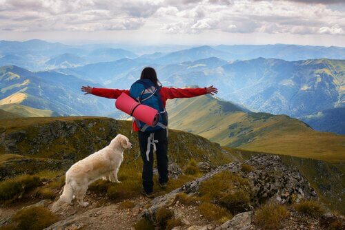 ragazza e cane fanno escursionismo in montagna