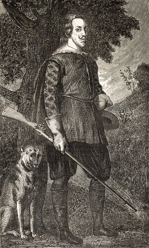 Cacciatore con un cane in un dipinto antico