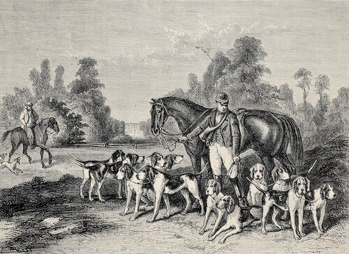 Cani dipinti con cacciatore su una tela