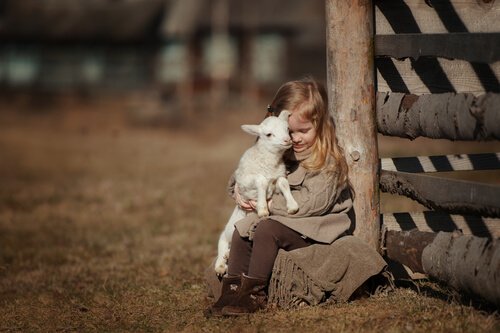 bambina seduta abbraccia piccolo agnellino
