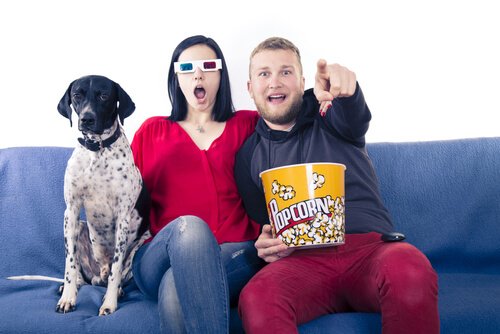 una coppia guarda un film con il cane sul divano