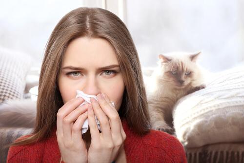 Donna che si soffia il naso con gatto 
