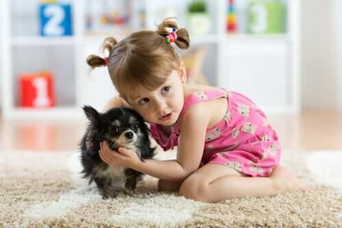 Bambina in casa con un cane