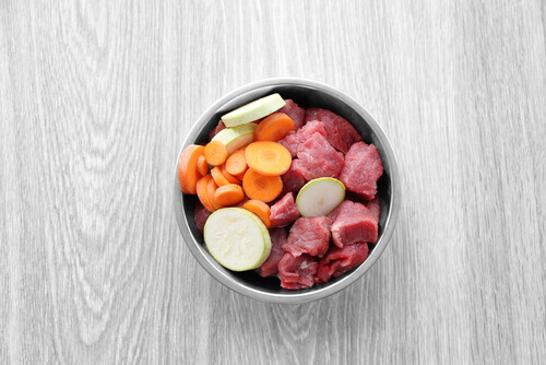 Porzione di cibo per il cane con carne e verdura.
