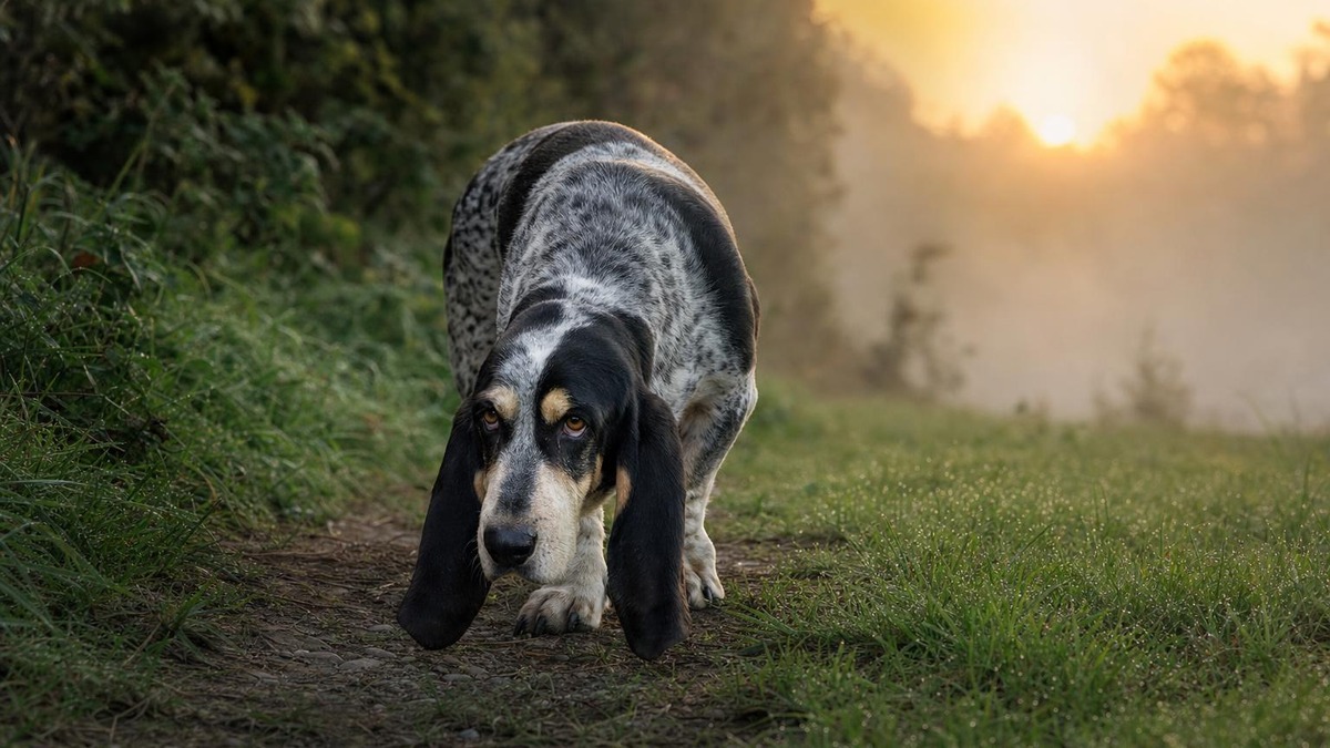 Basset Bleu de Gascogne dal mantello screziato cammina annusando un sentiero all'alba