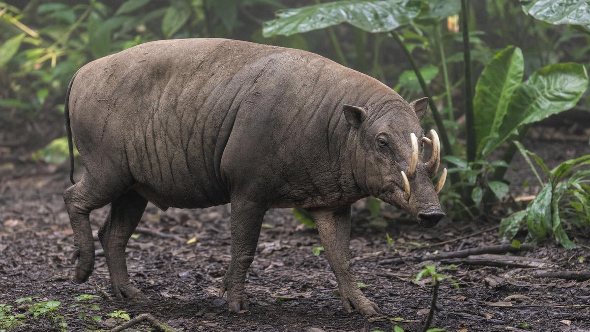 Babirussa maschio cammina in una radura della foresta mostrando le zanne ricurve