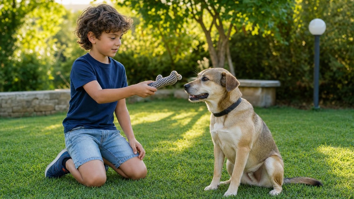 Bambino inginocchiato in giardino offre un gioco di stoffa a un cane tranquillo